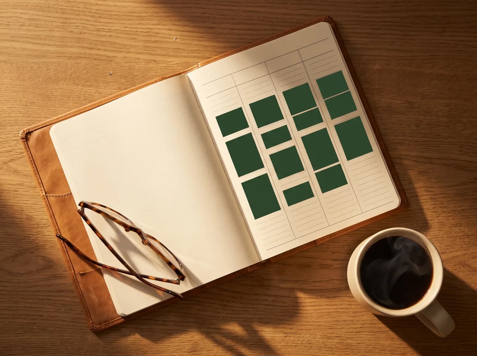 An open leather weekly planner in morning light, left page empty and right page filling with green appointment blocks