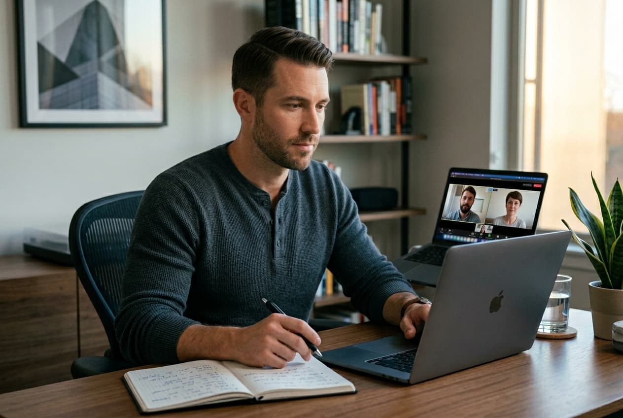 A manager taking a 20-minute Nuvora Link discovery call from his home office, notes in front of him.